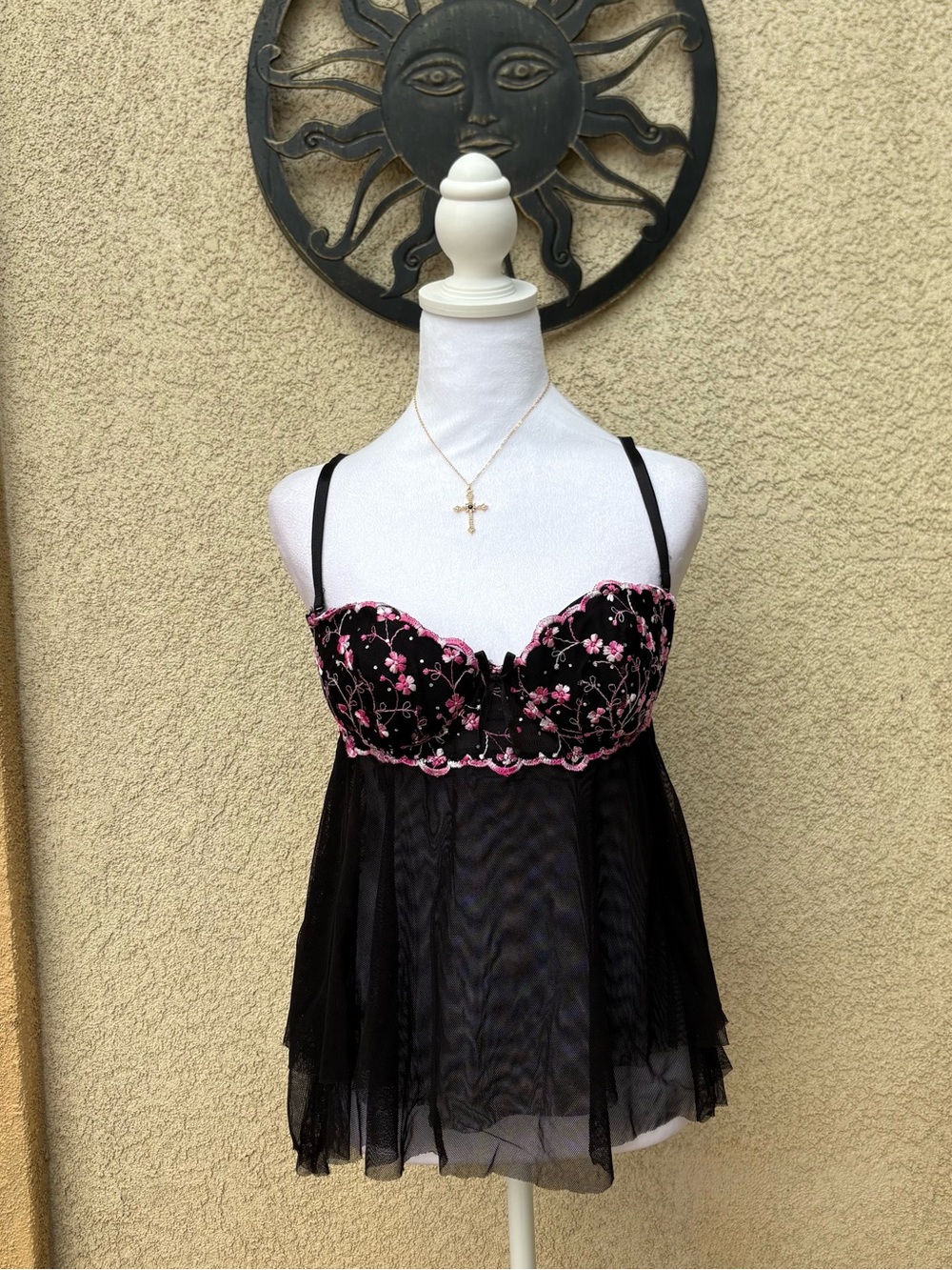 Y2K Victoria’s Secret Black Mesh Pink Floral Bust Babydoll Lingerie Top